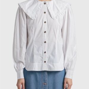 Ganni White Button-Up Blouse with Ruffled Collar